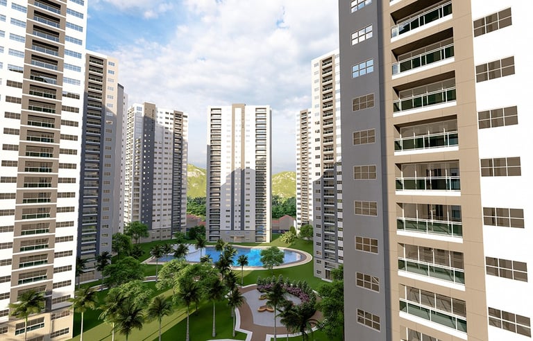 Courtyard view of high-rise condo towers surrounding the central pool and garden area