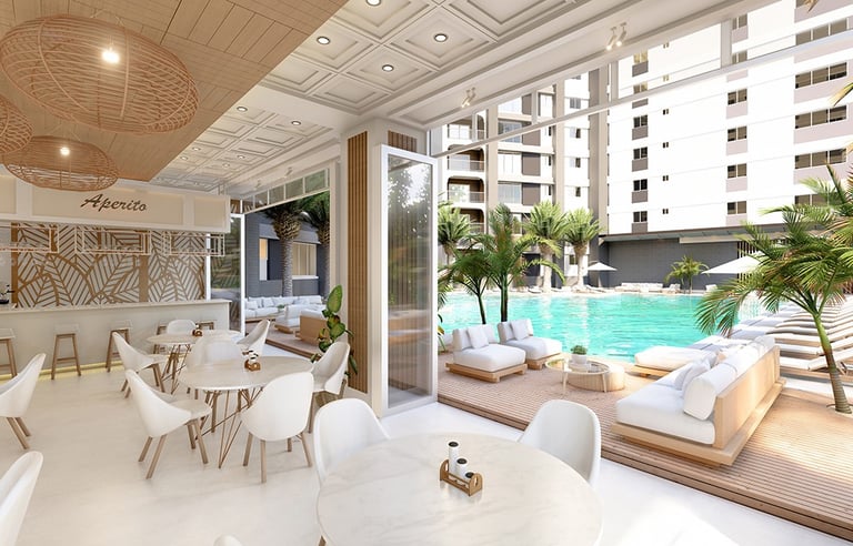 Open-air resident lounge and cafe area overlooking the pool deck