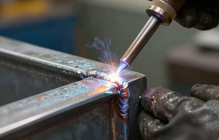 Close-up side view of a structural steel weld joint being inspected by a gloved engineer's hand, tungsten workshop lighting raking across the weld bead, visible grain and heat marks on the metal surface, industrial workshop depth-of-field background