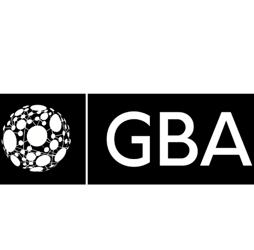 White GBA logo with a network sphere icon representing a global blockchain association on a black background.