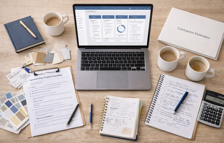 Organized Home Remodel Planning Desk with laptop and notes