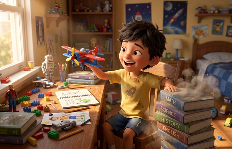 A happy young boy playing with a toy airplane in a colorful bedroom filled with school books and toys.