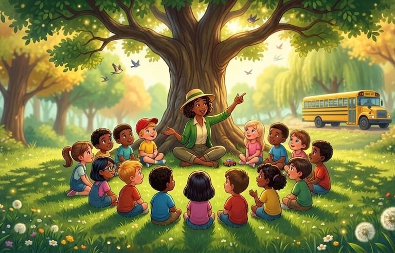 A diverse group of children sit in a circle for an outdoor lesson with a teacher under a large oak tree.