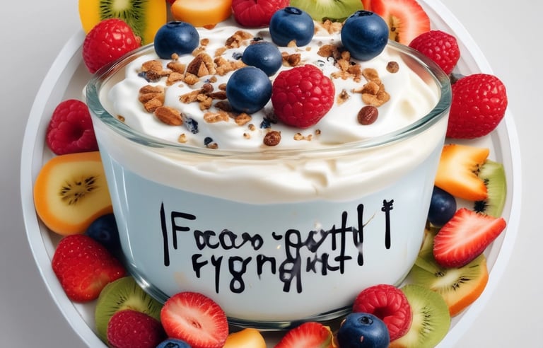 Close-up of a creamy yoghurt swirl topped with fresh berries and a drizzle of honey in a clear glass bowl.