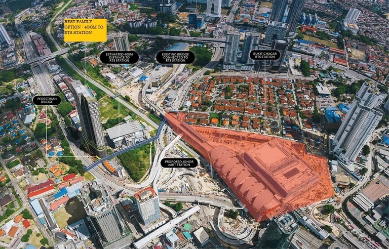 Aerial view of properties within 400m walking distance to RTS Bukit Chagar station in Johor Bahru