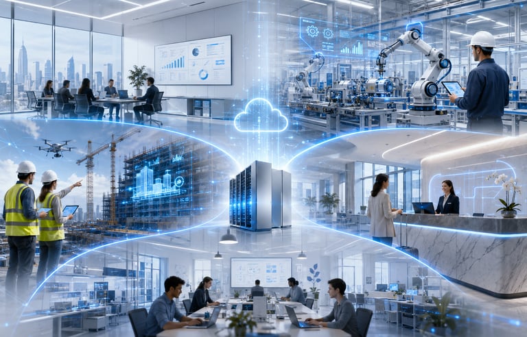 Smart cloud infrastructure connecting industrial robotics, construction sites, and corporate offices via digital data.