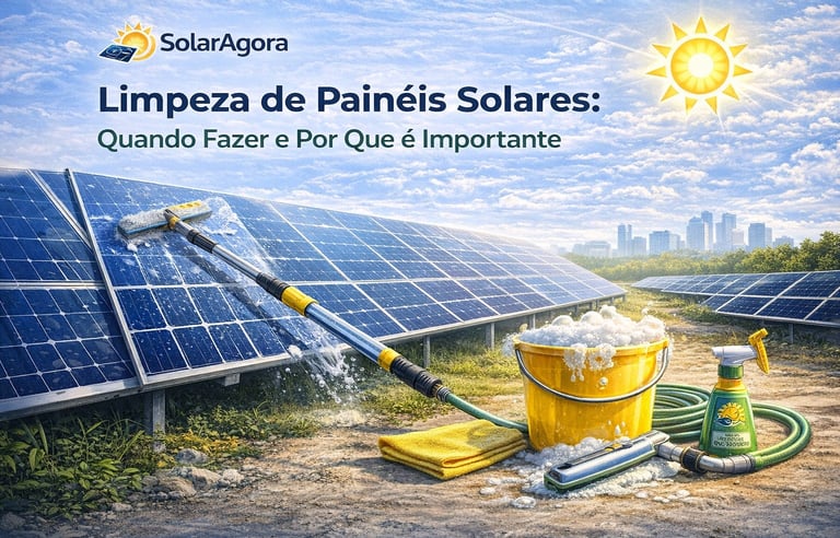 limpeza de painéis solares em sistema fotovoltaico com escova, água e balde mostrando a importância