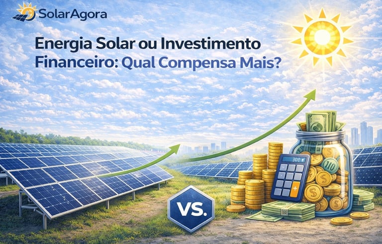 Ilustração comparando energia solar e investimento financeiro com painéis solares, moedas e gráfico 
