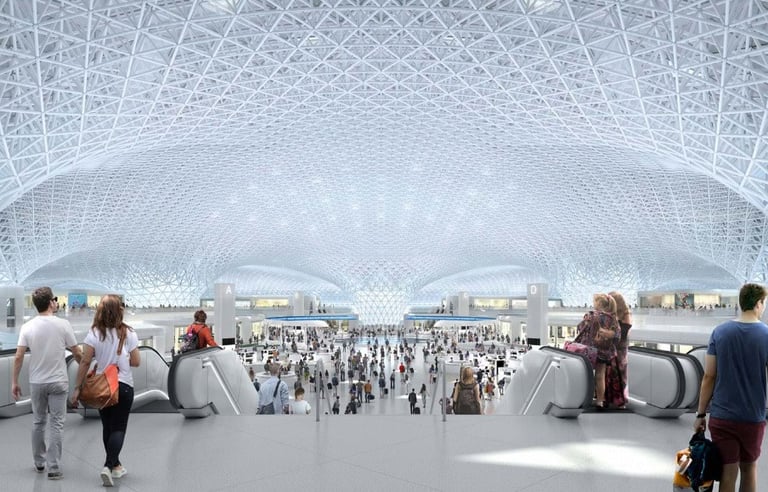 A photorealistic 3D rendering of a busy airport terminal with hundreds of people.