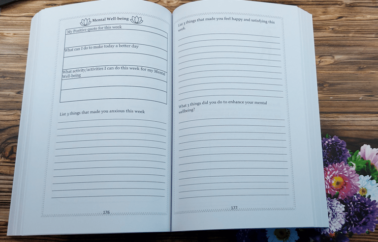 Two pages from a mental health journal with prompts