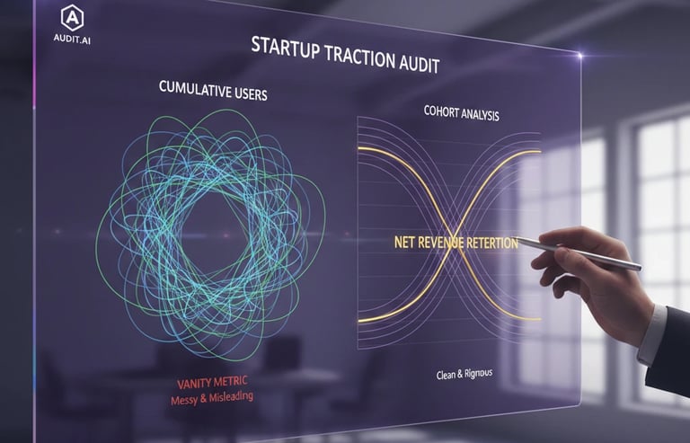 Venture capital metrics dashboard showing cohort analysis and net revenue retention for traction eva