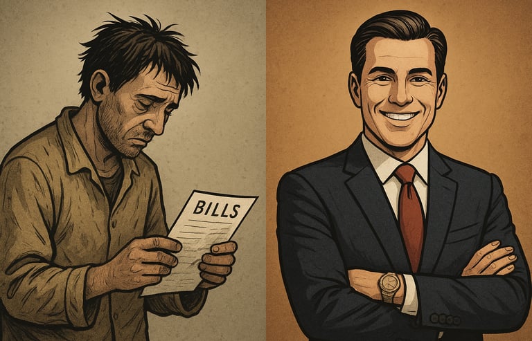 Contrast of a broke man and a rich man, showing the difference between poverty and money, bussiness.