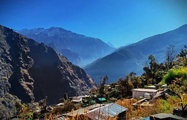 Mountain village with scattered houses