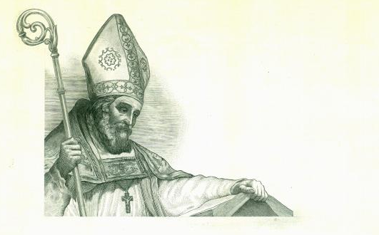 Vintage engraving of a Catholic bishop wearing a miter and holding a pastoral crozier.