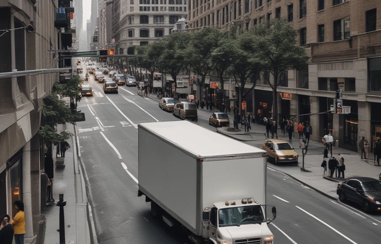 A busy street view showing multiple delivery trucks operating.