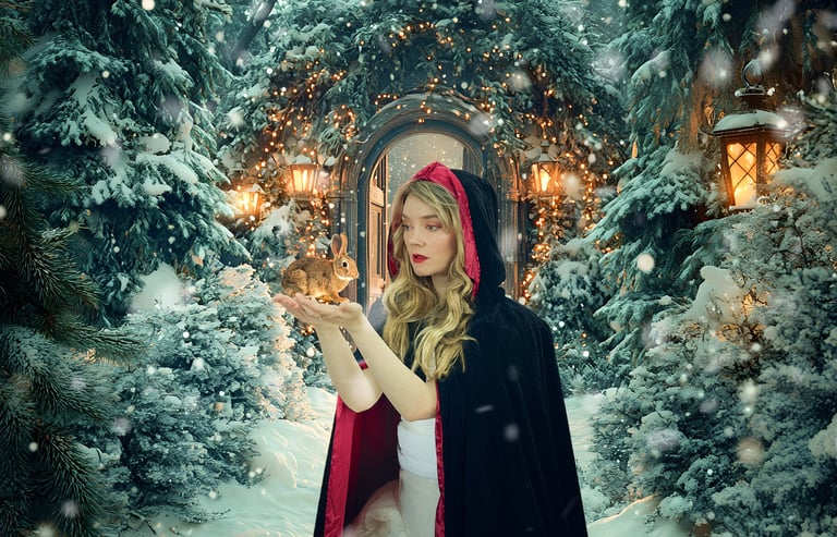A blonde woman in a hooded velvet cloak holding a rabbit in a snowy, magical winter forest.