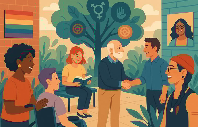 um grupo de pessoas em pé ao redor de uma árvore