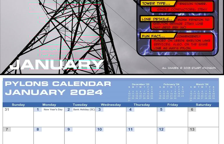 a pylons calendar showing january