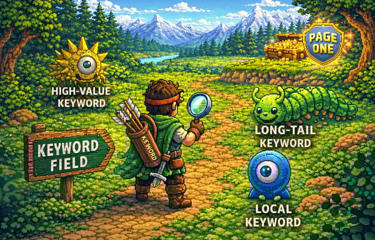 16-bit RPG pixel art showing Boise-based SEO content creation for page one Google rankings.