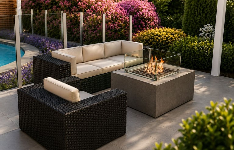 Modern backyard patio with wicker sofa, armchair, and a concrete gas fire pit table near a pool.