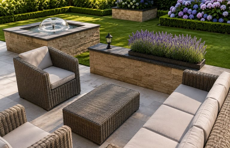 Modern backyard patio with wicker furniture, a stone water fountain, and lavender planters.