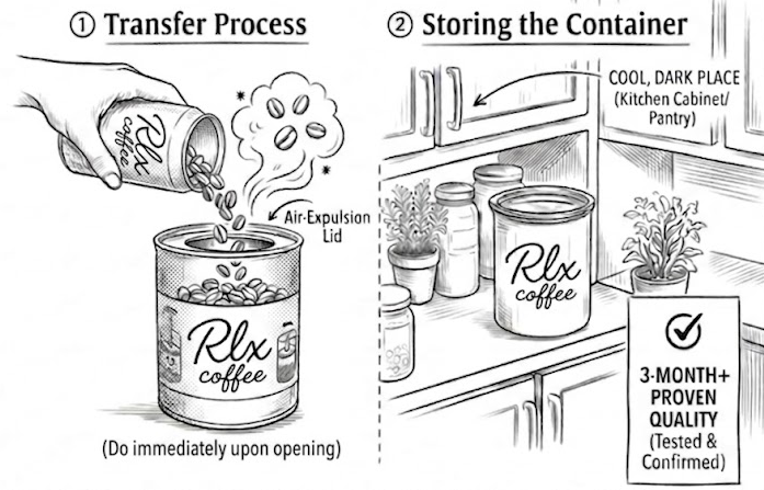Diagram showing the coffee transfer process into an airtight container and storage in a cool, dark kitchen pantry.