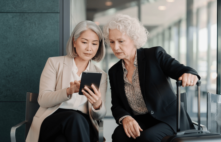 Two professional senior businesswomen looking at a digital tablet while waiting at an airport terminal.