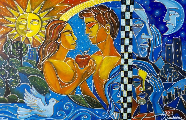 Figuratives Gemälde mit warmen und kühlen Farbfeldern, feinen weißen Linien-Zwischen Sonne und Mond