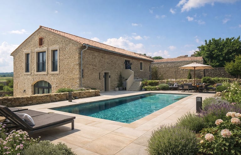 Converted stone barn with outdoor swimming pool and landscaped garden