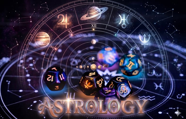 Astrology chart with zodiac dice, planets, and constellations in a cosmic space background.
