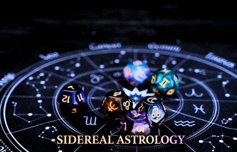 Sidereal astrology zodiac chart with colorful polyhedral dice and celestial star symbols.