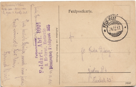 24. Dezember 1917, Postkarte eines Rekruten, der der 3. Batterie der Artillerie-Gruppe zugeteilt war
