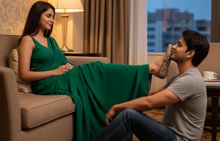 one adult girl sitting on sofa in hotel room in from one adult boy sitting and kiss their flat shoes