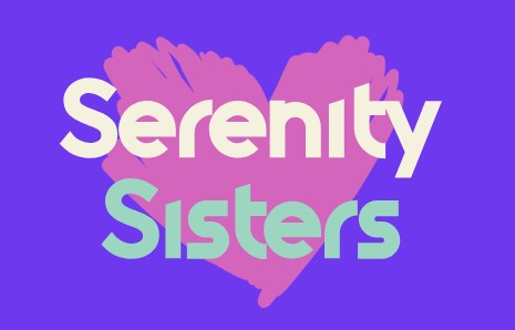 The words Serenity Sisters with a pink heart in the background