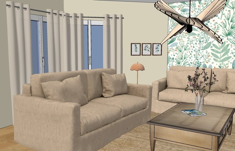 Modélisation 3d d'un salon ambiance campagne