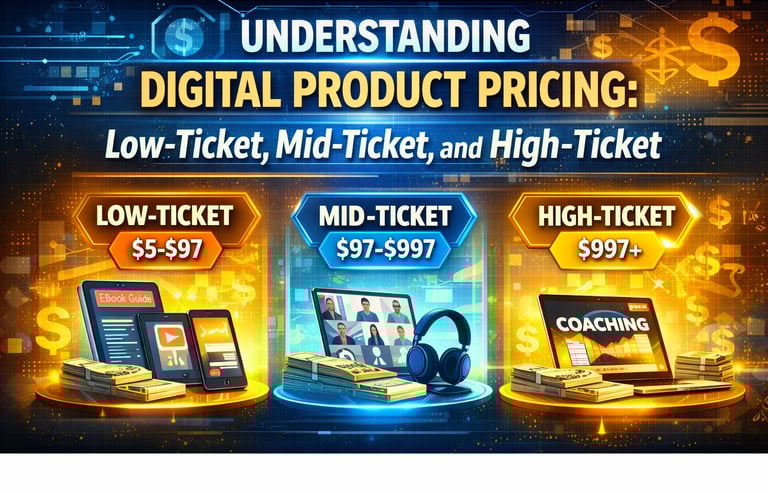 Guide to digital product pricing tiers for low-ticket, mid-ticket, and high-ticket coaching services.
