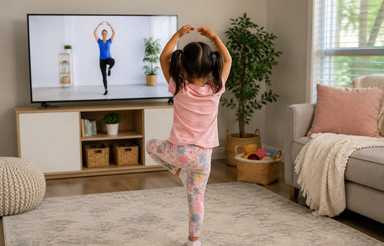  A child following an interactive video on tv. 