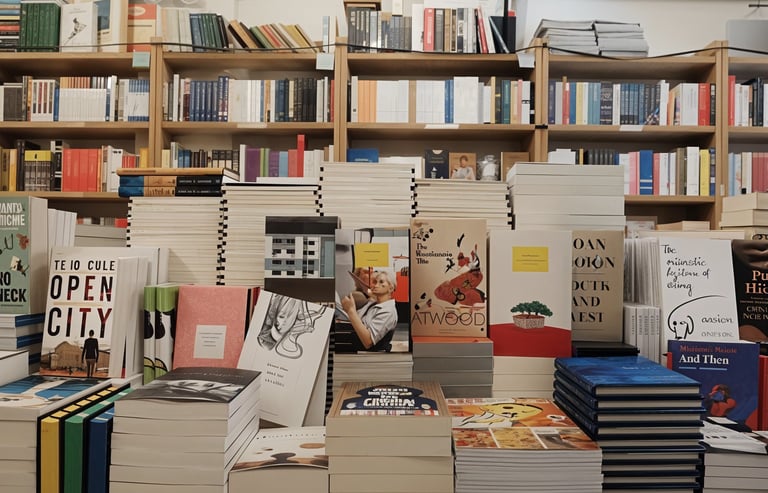 Books displayed on a table in front of shelves filled with various titles in a bookstore setting