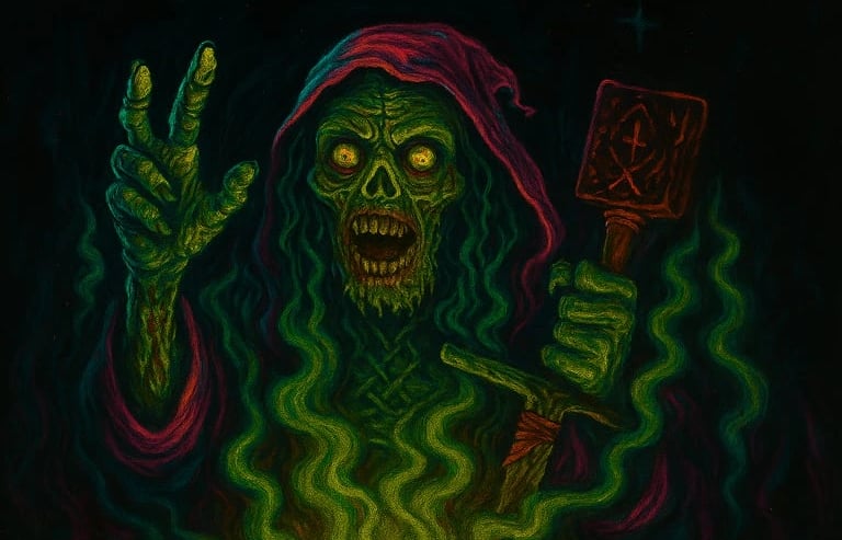 A neon‑lit undead sorcerer with decaying green flesh, glowing eyes, and swirling green mist, framed in a wide horror‑fantasy 