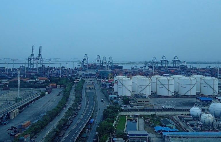 a large industrial area with a lot of tanks and a lot of tanks