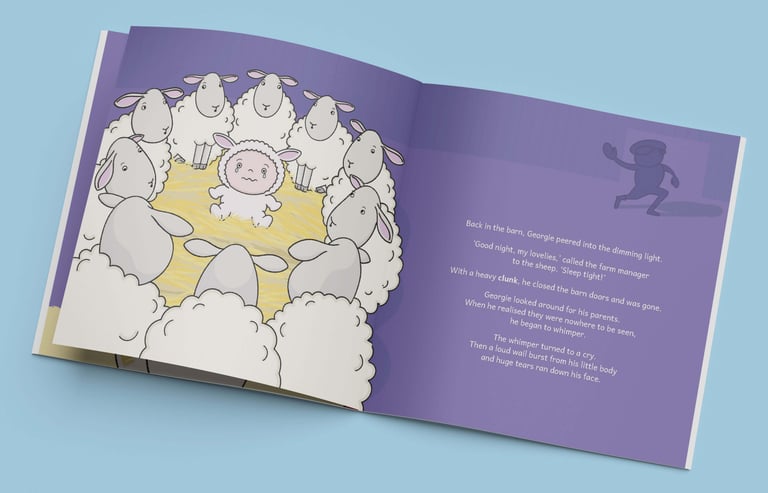 Lamb in a Pram children's book by Carole Anne McKissock. Baby left by parents.