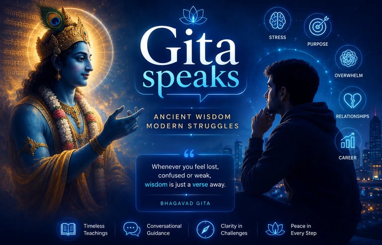Lord Krishna offering ancient Bhagavad Gita wisdom to a young man facing modern life struggles like stress and career.