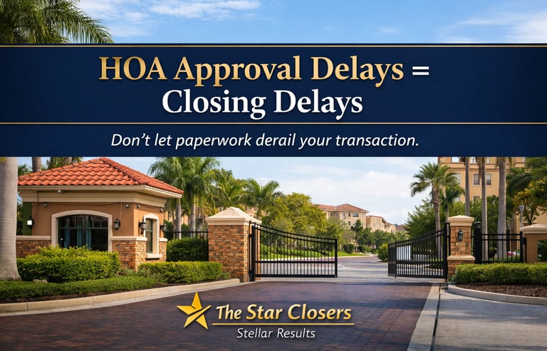 HOA community entrance and how HOA approval delays real estate closing timelines.