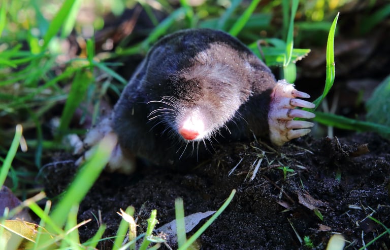 close up of Mole with pink nose poking out of dirt mound surrounded by grass on a beautiful sunny day