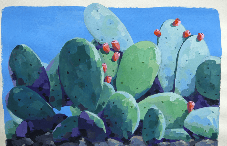 Peinture réalisée a la gouache représentant des cactus de Malte