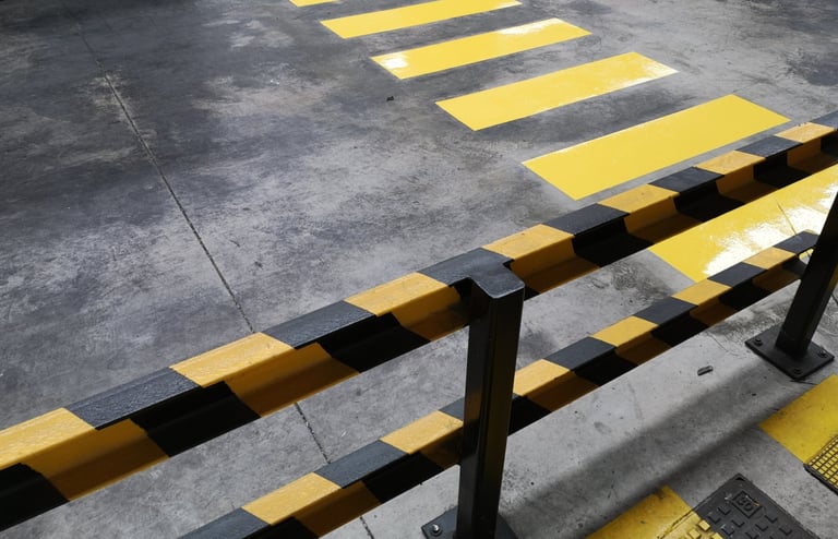Pintado de paso peatonal y barandilla de seguridad ,en nave industrial en Mijas