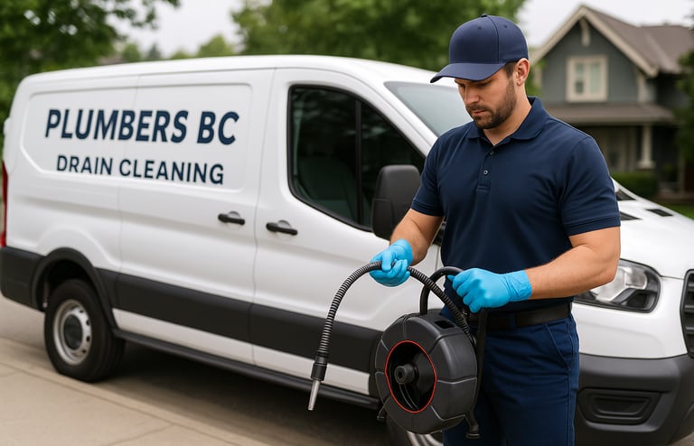 A plumber in a blue shirt and gloves standing besides service van.
