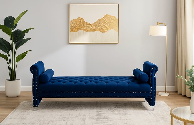 a blue bench with a blue bench in the middle of a room apex furniture
