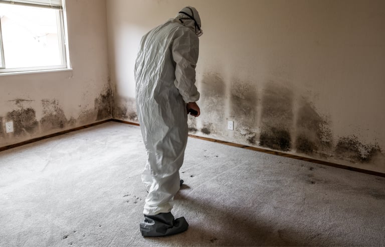 alt="Mold remediation technician inspecting wall while wearing protective suit and gear"