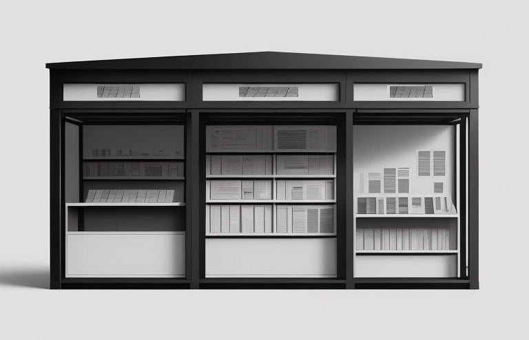 a black and white newstand with a glass door